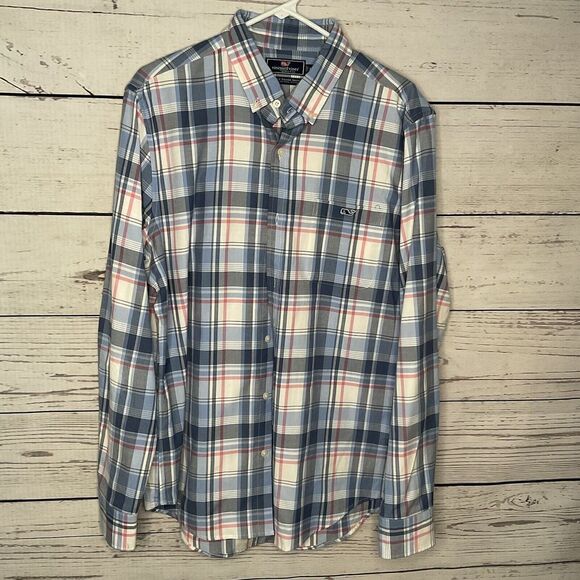 Vineyard Vines Mens Medium Flannel Shirt Slim Fit Button-Down Blue Plaid - Picture 1 of 5